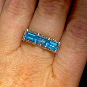 Triple Stone Blue Topaz Knuckle Style Ring, Size 9